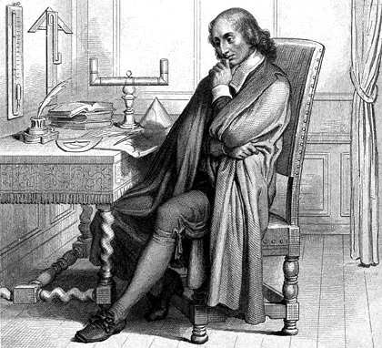 ilustración de Blaise Pascal sentado en blanco y negro y pensativo